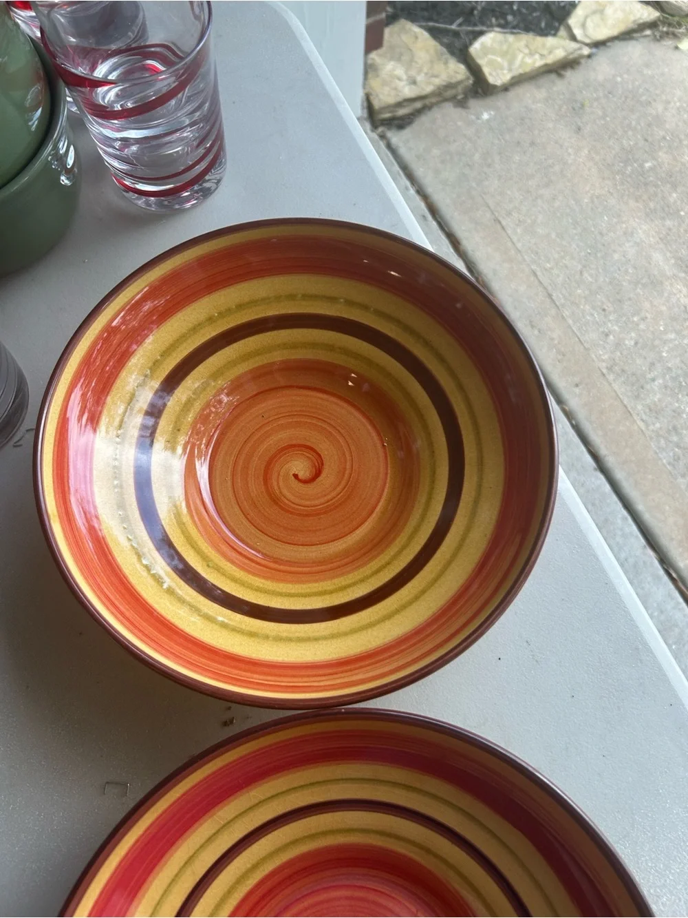 Crate & Barrel Ceramic Individual Pasta Bowls Red, Yellow & Brown Bands Set of 2